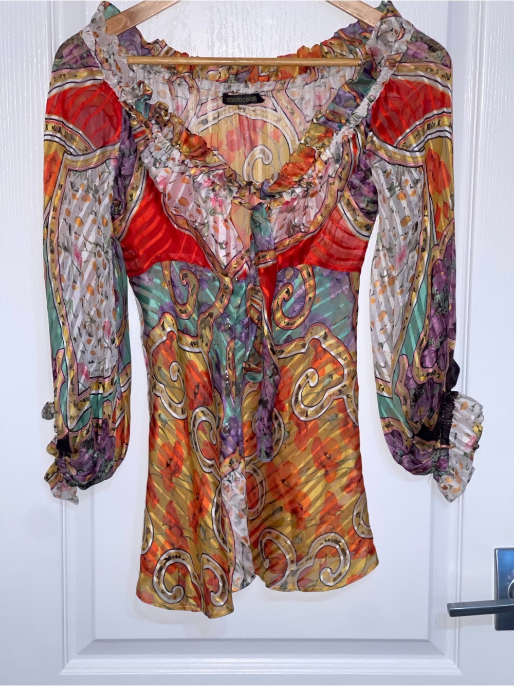 Y2K ROBERTO CAVALLI VINTAGE Multicolor Floral Print Gold 100% SiLK Blouse Top 4